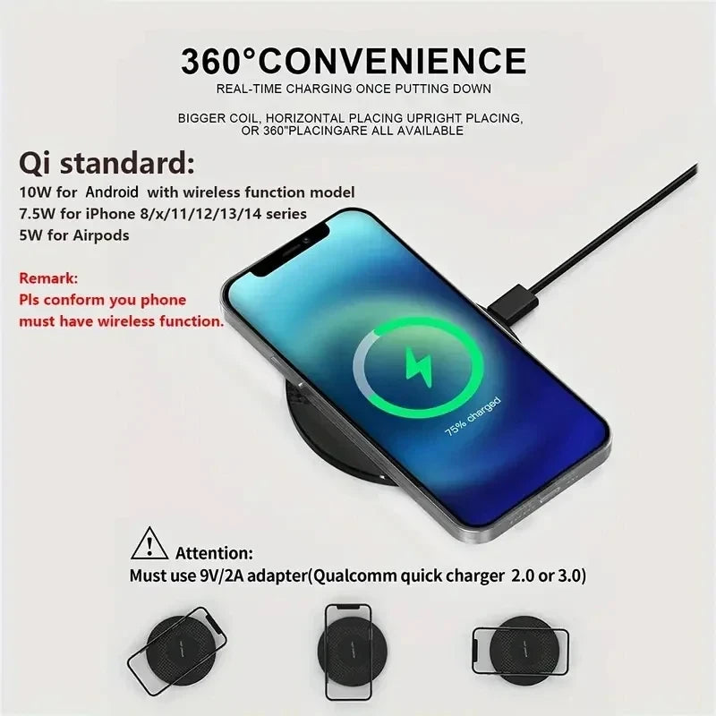 Ultra-Thin 10W Wireless Charger for iPhone, Samsung & Xiaomi